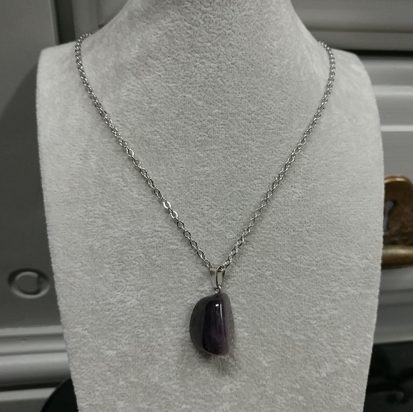 Amethyst Necklace Natural Gemstone Crystal Pendant Stainless-Steel Chain Purple - Picture 6 of 17
